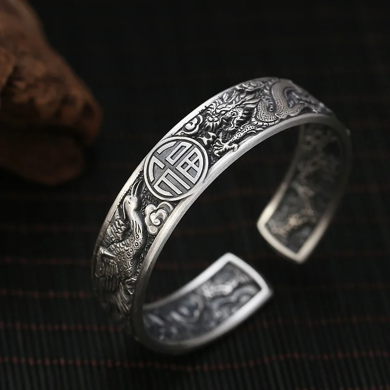 

Real 999 Pure Silver Dragon and Phoenix Bangles for Men Thai Silver Retro Vintage Opening Adjustable Bracelet