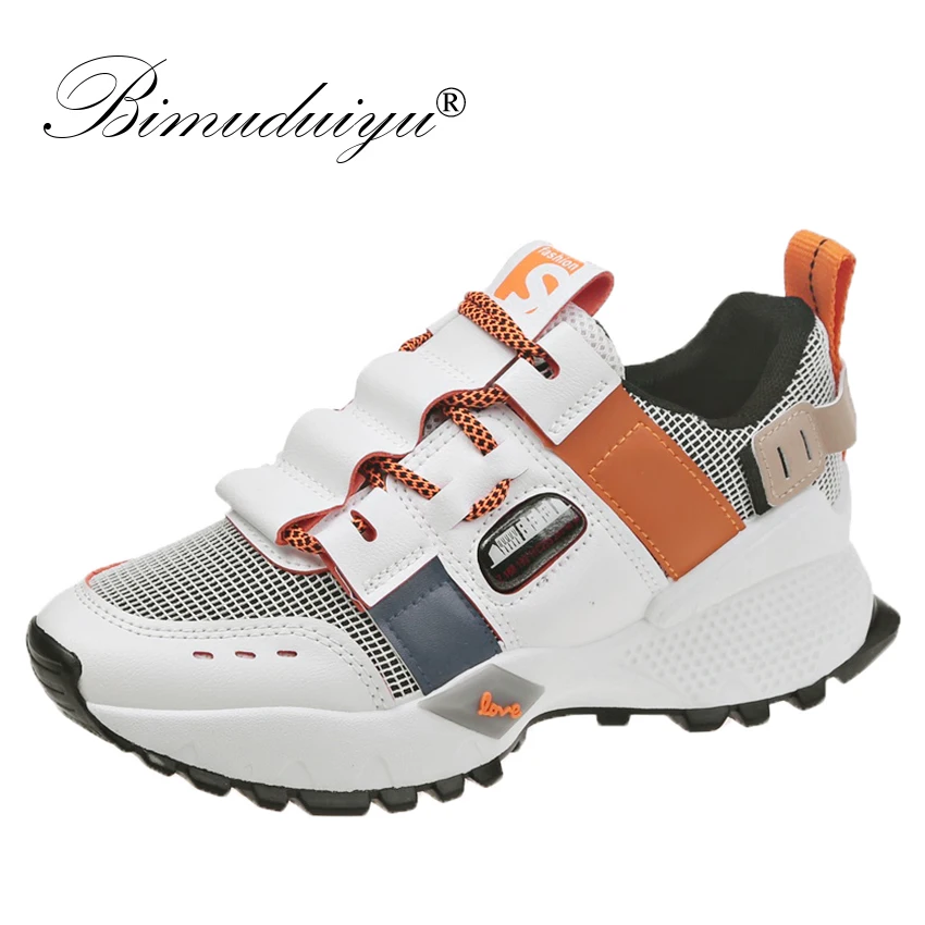 BIMUDUIYU модная женская повседневная обувь сетчатые + ПУ кожаные кроссовки на