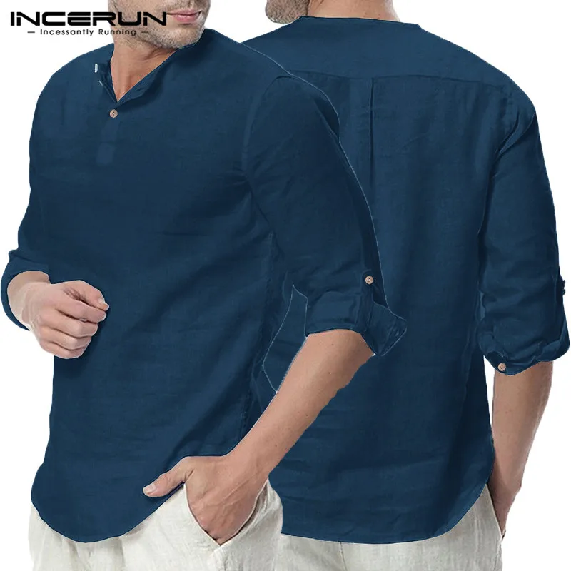 Мужская рубашка с длинным рукавом базовая Свободная треугольным вырезом Пляжная