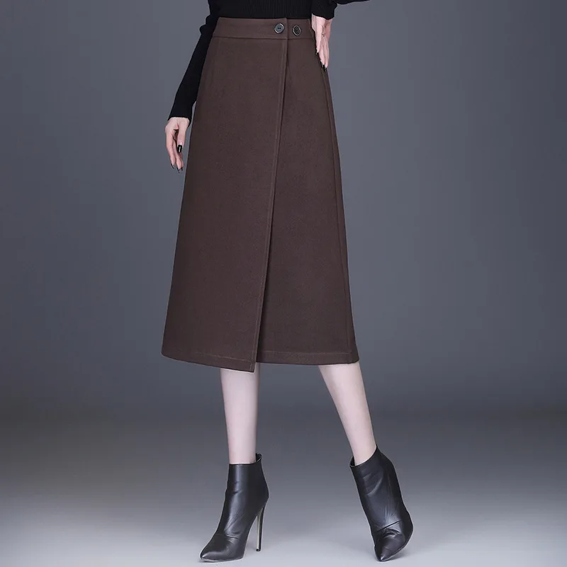 

2020 Autumn Winter New High-waisted Thin Elastic Fashion Big Skirt Simple Irregular Women Woolen A-line Long Skirt Free Shipping