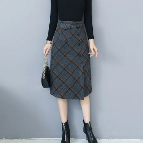 Осень зима 2020 шерстяные женские юбки Ретро стиль высокая талия клетчатая юбка