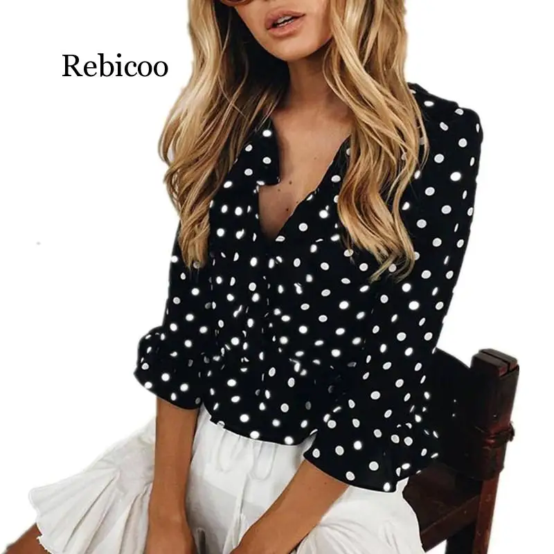 Женская рубашка в горошек свободные топы с V образным вырезом Женские