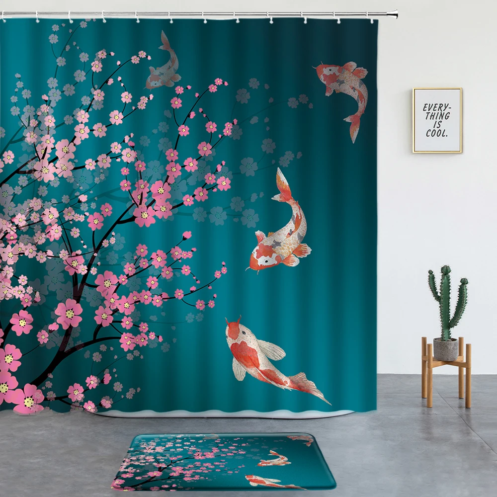 

Набор розовых штор для душа Koi с цветами вишни, современные Ландшафтные коврики для ванной, коврик для входной двери, нескользящий ковер для ...