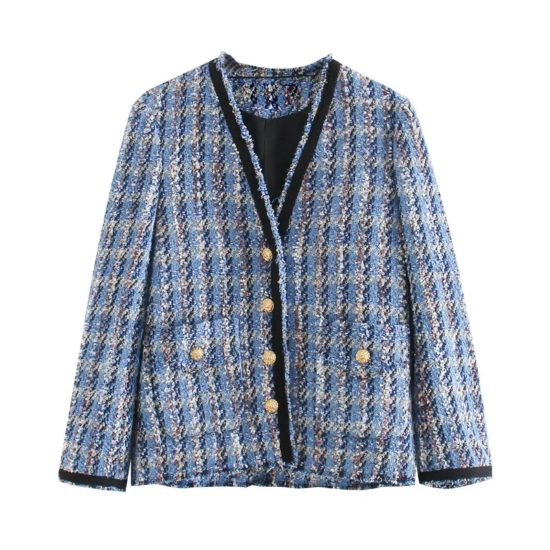 

Women 2021 Fashion Pockets Frayed Trims Tweed Jacket Coat Vintage V Neck Long Sleeve Female Outerwear Chic Tops
