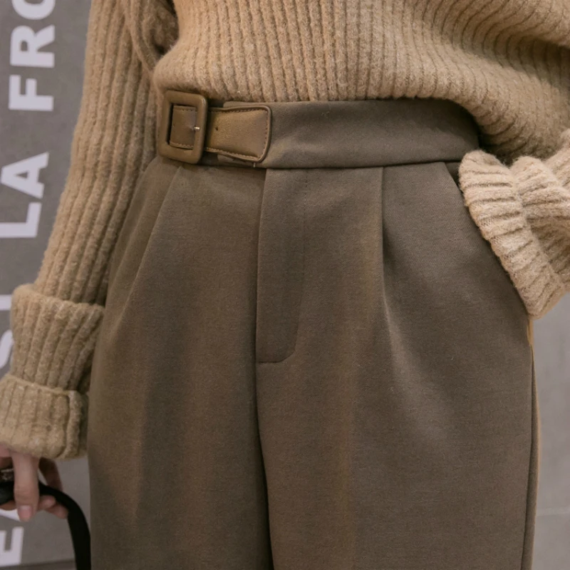 

Шерстяные женские зимние брюки, плотные теплые винтажные осенние брюки с высокой талией, шаровары для женщин, офисные женские брюки