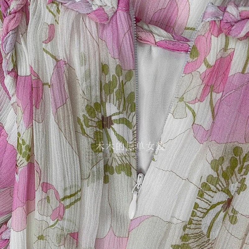 Длинное шелковое розовое платье с пышными рукавами и поясом | Женская одежда