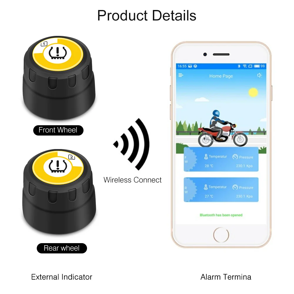 VEHEMO Motorcycle TPMS Android Tire Pressure Monitoring System for IOS Wireless Bluetooth Universal 2PCS External Sensors | Автомобили и