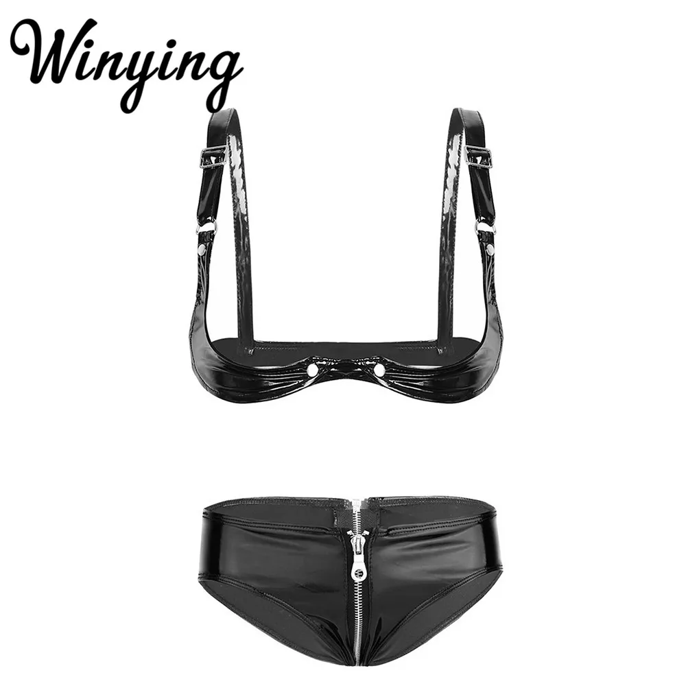 

Women Black Patent Leather Hot Sexy Lingerie Set Wire-free Open Cups Bra Tops with Zipper Crotch Briefs Panties Erotic Underwear