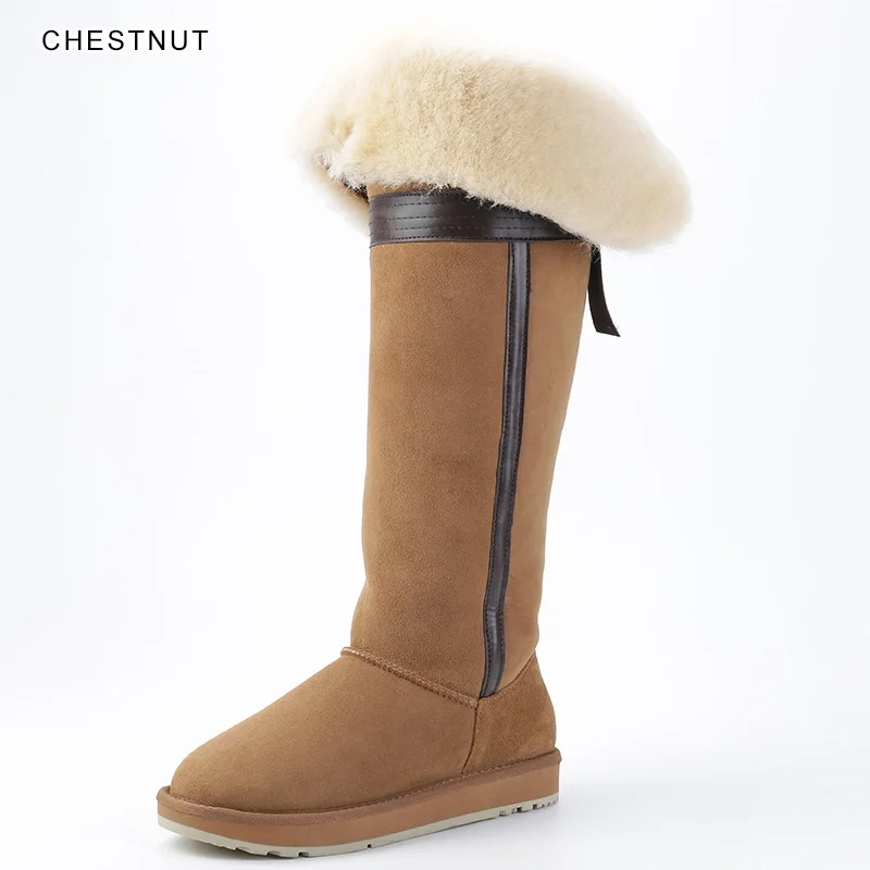 Chestnut Модные стильные высокие женские зимние сапоги выше колена на меху с бантом; зимние сапоги из натуральной овечьей кожи - Цвет: Chestnut