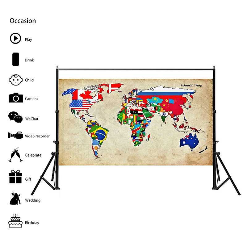 

150x100cm Non-woven DIY World Map Made with National Flags Pattern for Wall Decor Retro World Map Posters Office School Supplies