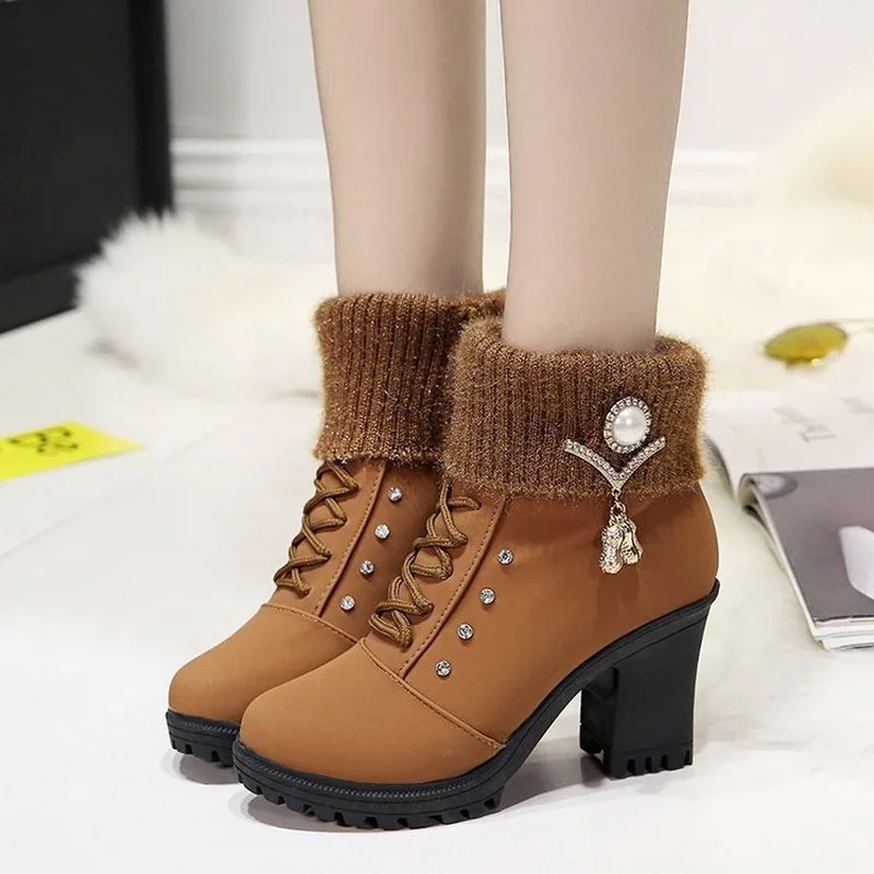 

Fashion Crystal Women's High Heel Boots 2021 New High Heel Winter Shoes Women Boots Plush Warm Fur Shoes Ladies Ankle Boots