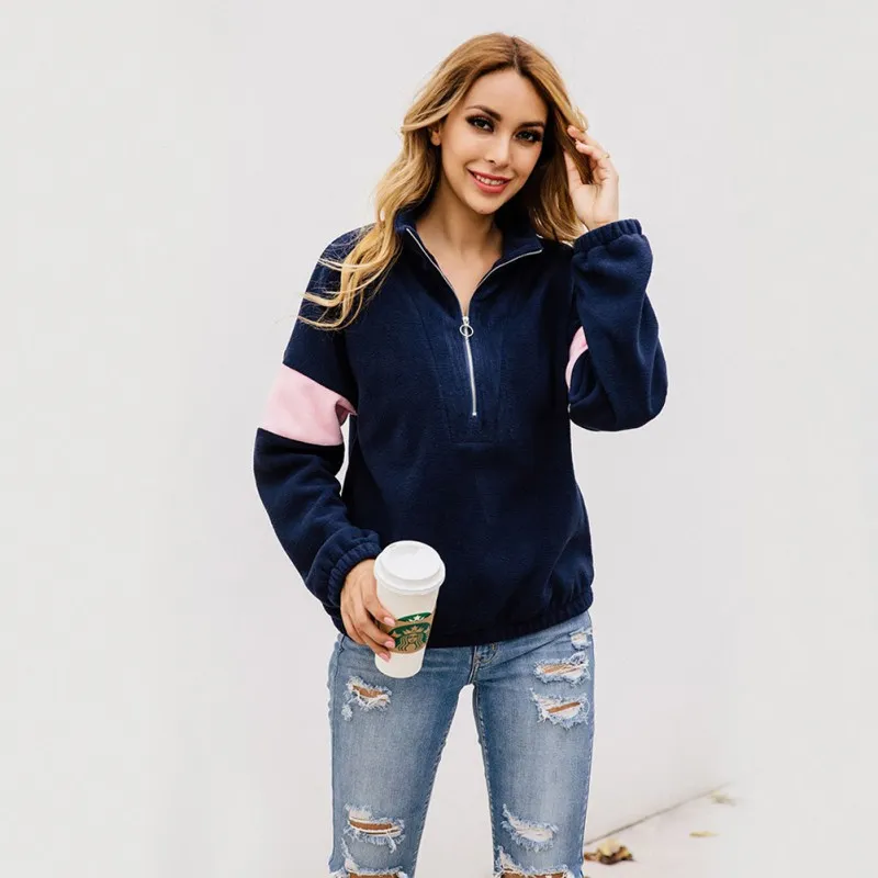 

Women Sweatshirt Autumn Constrast Color Lapel Pullovers Zipper Long Sleeve Casual Warm Loose Pullovers Top