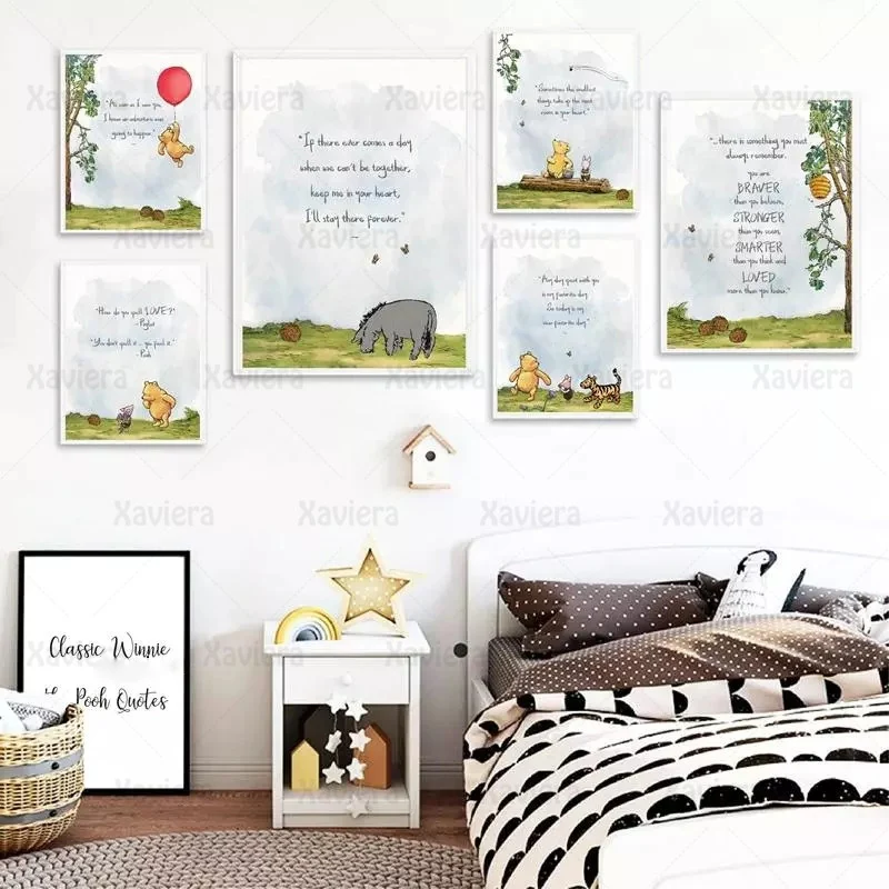 

Classic Winnie The Pooh Quotes Posters Print Cartoon Animals Wall Art Watercolor Canvas Painting Picture Nursery Decor Kids Room