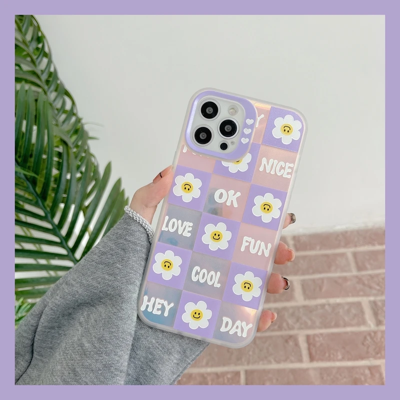 cute cartoon lattice flower korea phone case for iphone 12 11 pro max x xs max xr 7 8 puls cases blu ray soft silicone cover free global shipping