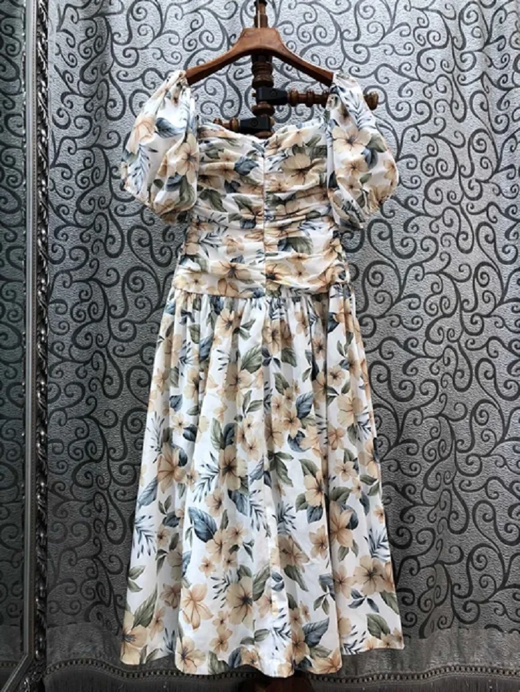 

2021 Newest Fashion Summer Dress Women Sexy Square Collar Vintage Floral Print Pleated Chest Short Sleeve Mid-Calf Length Dress