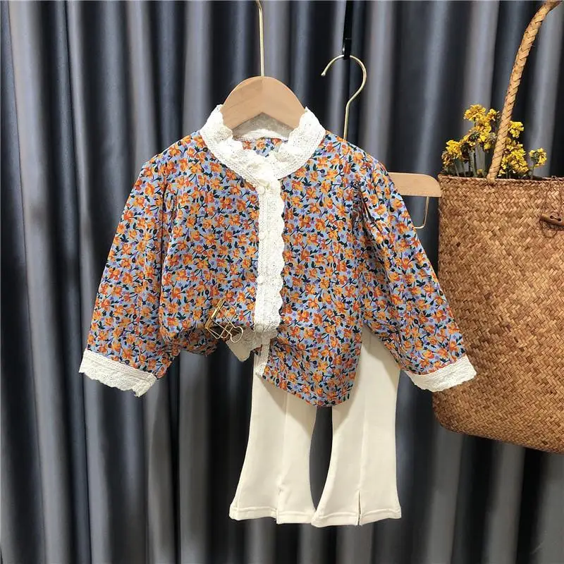 

2021 New Design Floral Girl Sets Lace Shirts And White Flare Pants Fashion Children Clothing Suits For 1-7T