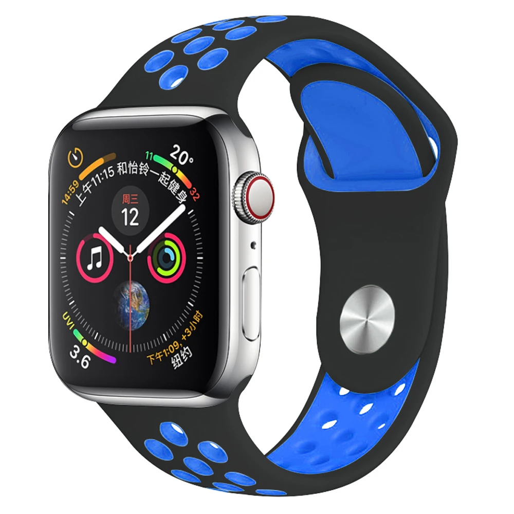 Black Blue 08 Силиконовый спортивный ремешок для наручных часов Apple watch, ремешок 38 мм 40 мм 42 44 мм наручные браслет, ремешок для наручных часов iWatch серии 4/3/2/1 женские полос - Цвет ремешка: Black Blue 08