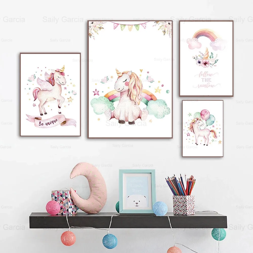 

Cartoon Unicorn Poster Rainbow Clouds Canvas Painting Nursery Wallpaper Fantasy Art Craft for Kids Room Decoration Print Picture
