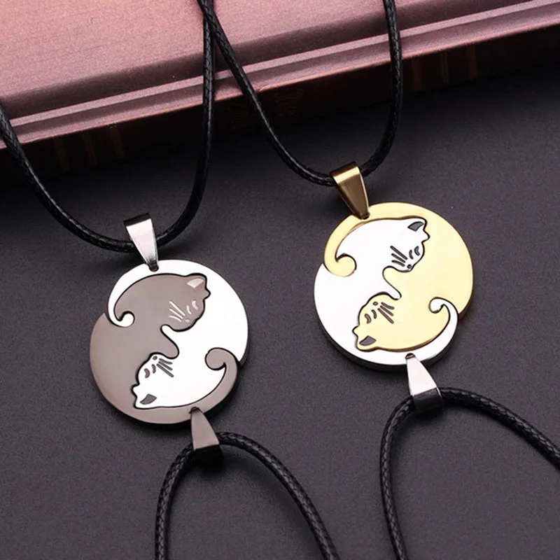 

Korean New Love Cat Stainless Steel Pendant Couple Stitching Necklace Fashion Simple Valentine's Day Jewelry Accessories