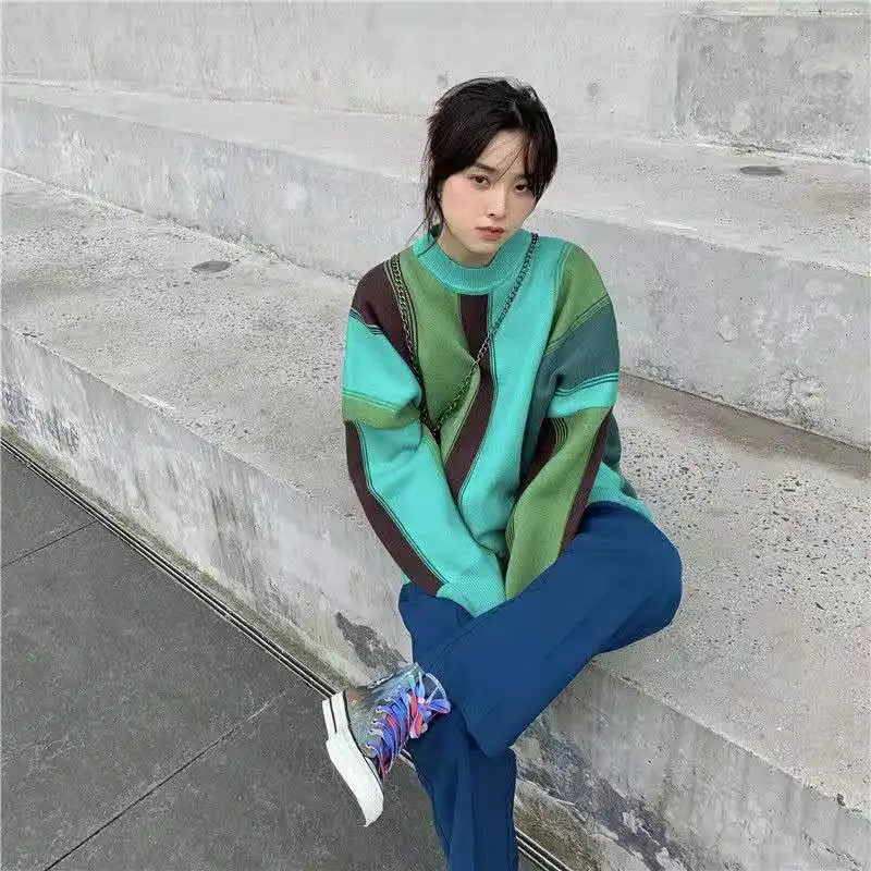 

Women Sweater Autumn Winter New Women Clothes 2021 Korean Fashion Oversize Wind Color Matching Striped Pullover Tops Women