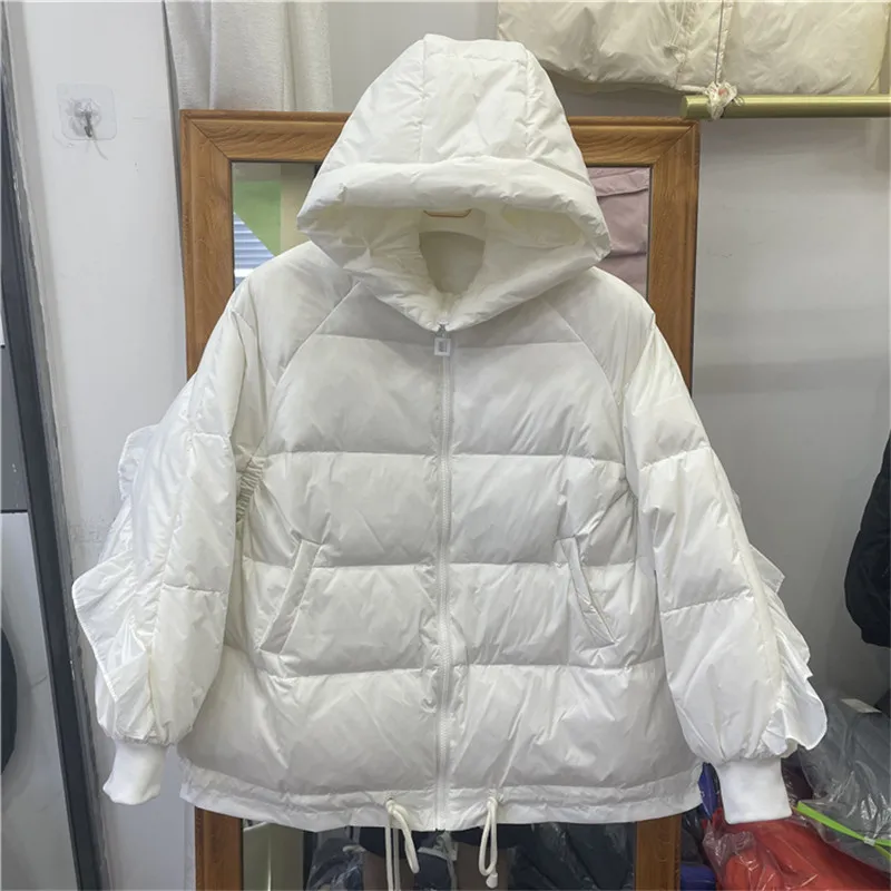 

Korean Lightweight Hooded Down Jacket Women Winter Parkas Pink Yellow Beige Black Ruffle Long Sleeve Short Puffer Jacket Female