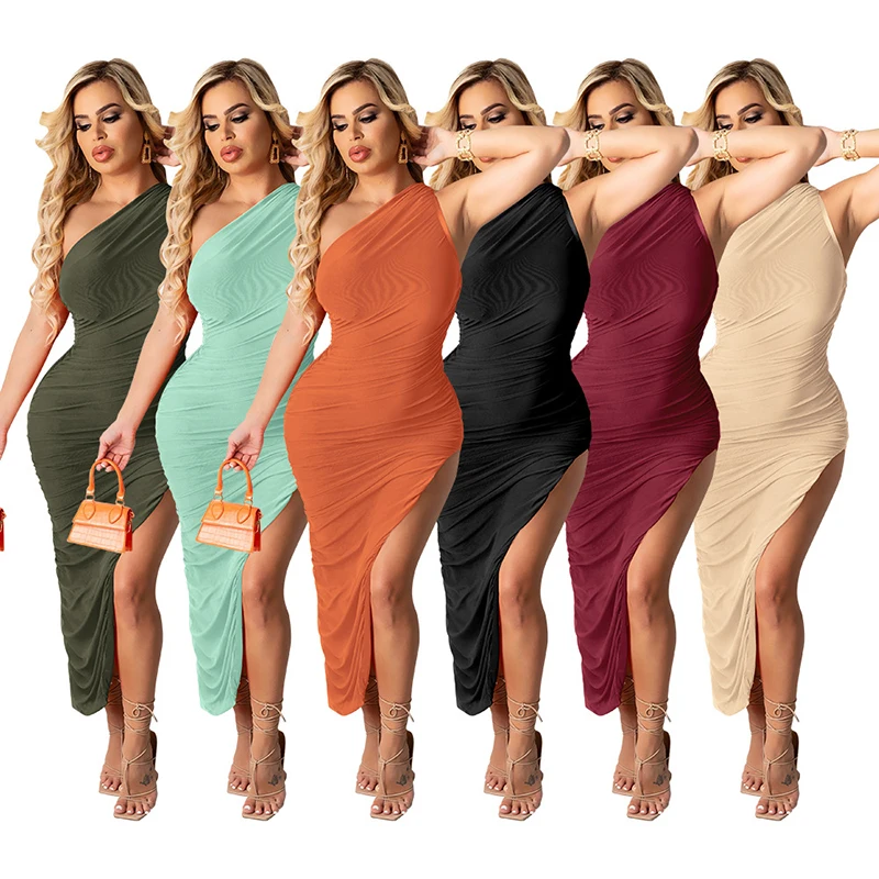 

Women Sexy Solid Mesh One Shoulder Sundress Sleeveless Elegant Ruched Bodycon Asymmetrical 2021 Summer Party Club Maxi Dresses
