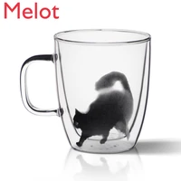 mug office handmade double layer glass cup heat resistant cat cup 400 coffee cup water cup tea cup waterbottle soft sprout cured