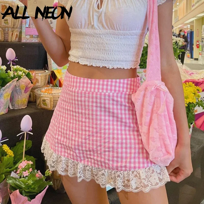 

ALLNeon Kawaii Fashion Pink Plaid Print Mini Skirts Harajuku Streetwear Lace Trim High Waist A-line Y2K Skirt Cute 2000s Bottoms