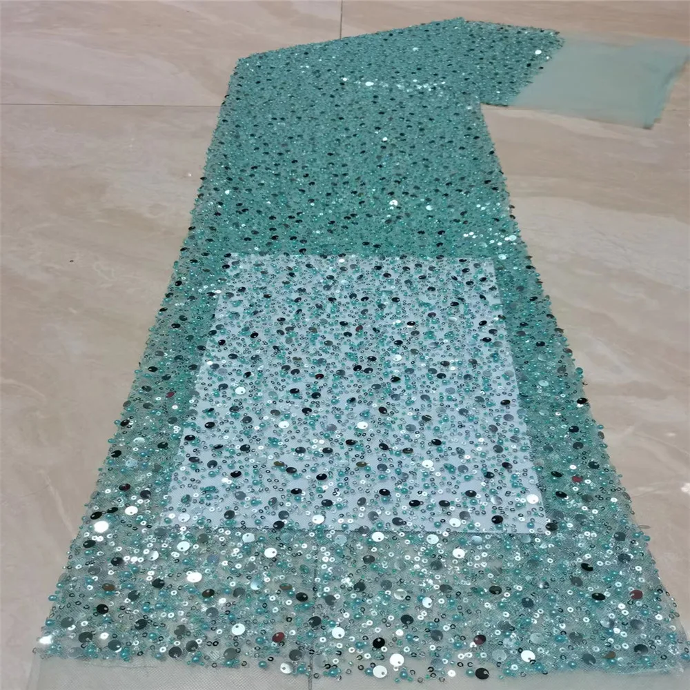 

Madison New Design Beaded Lace Fabric Luxury Handmade Beads Lace Embroidery French Nigerian Tulle Lace Fabric for Wedding