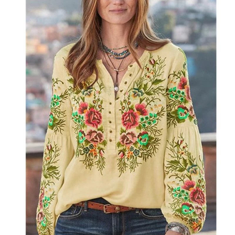 

2021 Spring Fashion New V-Neck Lantern Sleeves Print Plus Size Women's Clothing Loose Temperament Shirt Trend 407