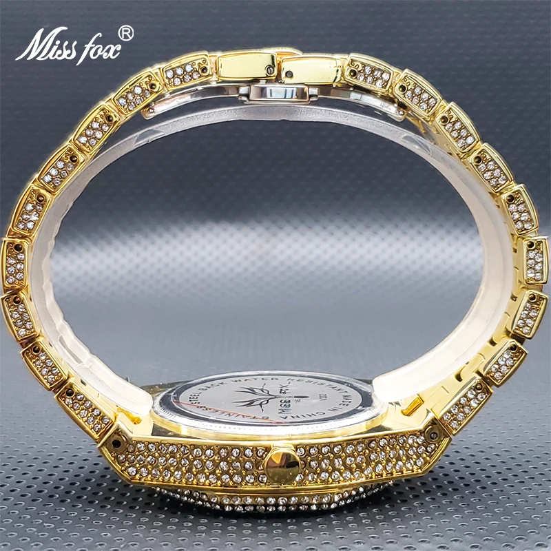 

Montre Homme Luxe Grande Marque MISSFOX 18K Gold Diamond Bracelet Royal Style Quartz Watches Special Arabic Numbers Droshipping