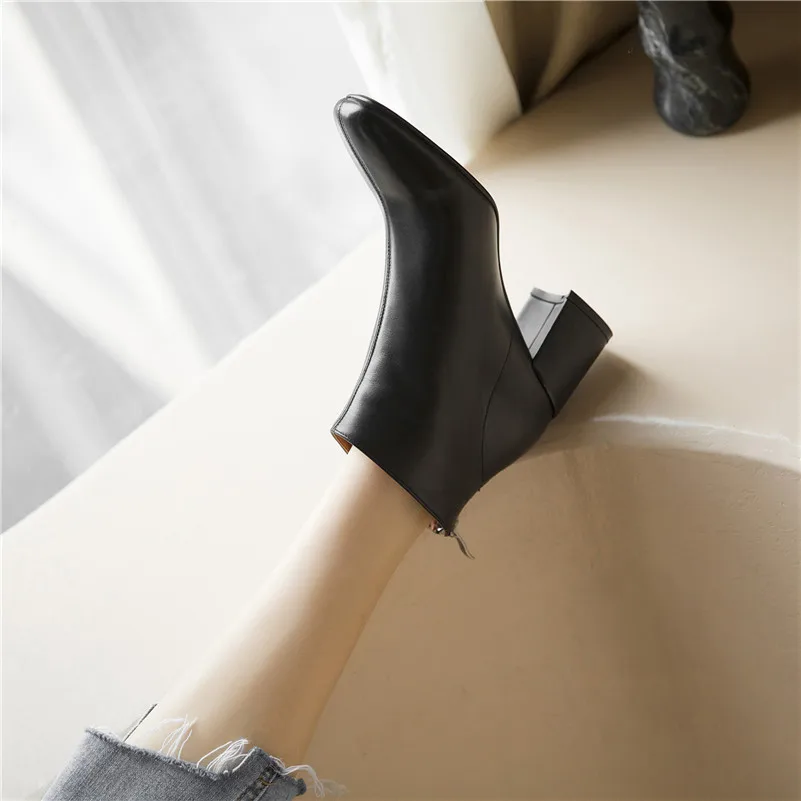 

Meotina Autumn Ankle Boots Women Natural Genuine Leather Thick High Heels Short Boots Zipper Round Toe Shoes Ladies Size 34-39