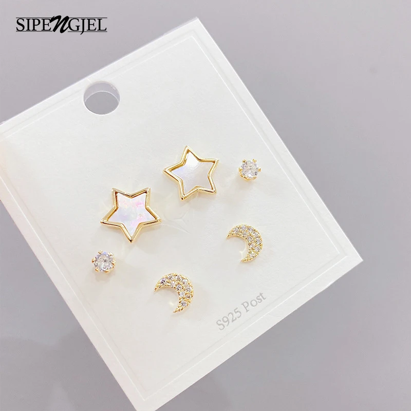 

SIPENGJEL New Fashion Cubic Zircon Star And Moon Sets Earrings Crystal 6 Pcs Stud Earrings Sets For Women Wedding Jewelry 2021