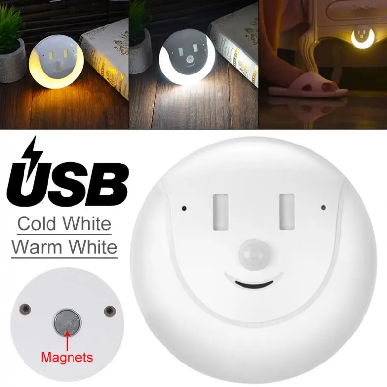 

USB Charging Night Lamp with Light Control and Motion Sensor Warm / White Smiling Face Magnetic Night Lights for Home / Kitchen