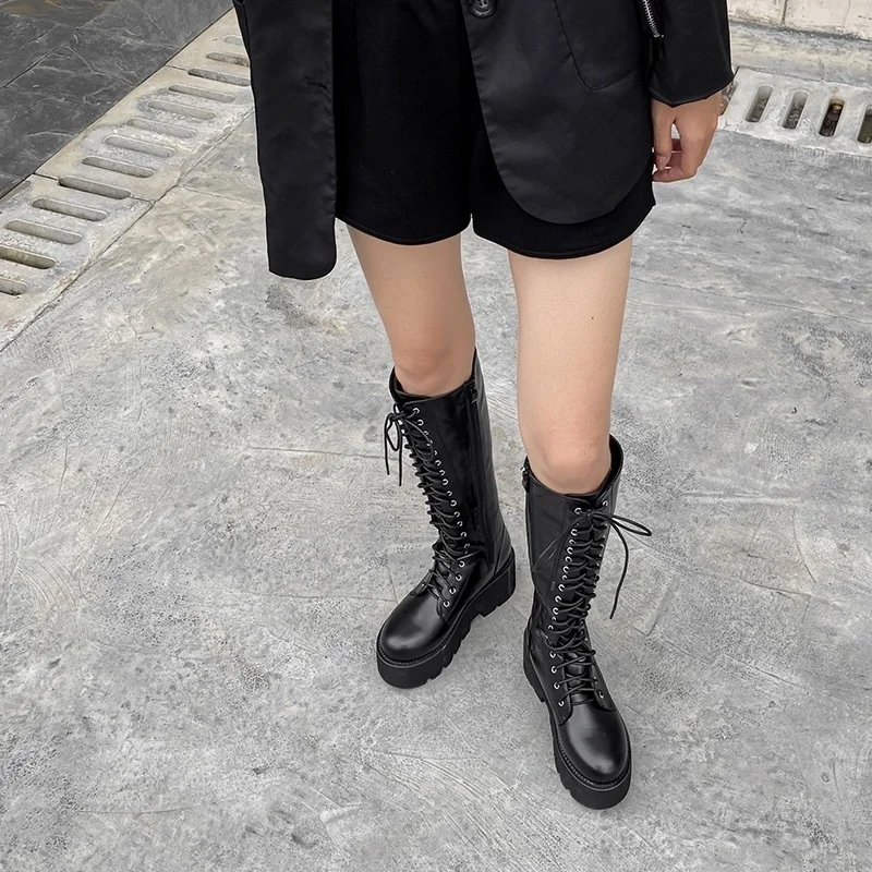

winter new fashion net red 2021 lace muffin with thick bottom high tube boots high heel boots