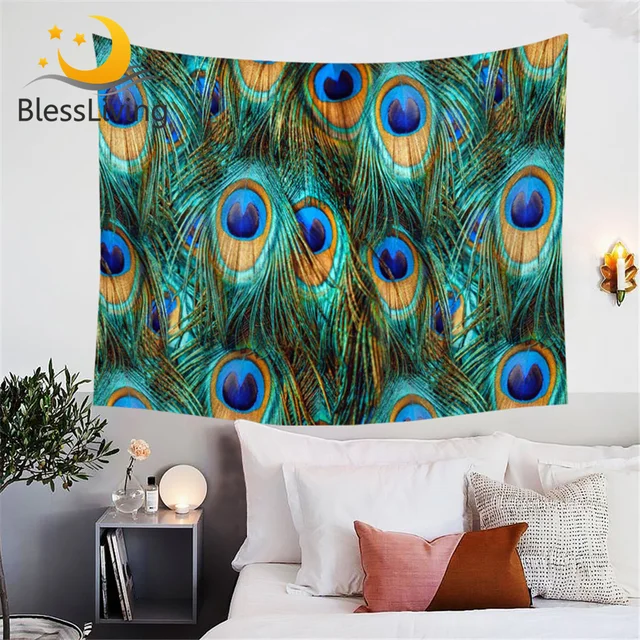 BlessLiving Peacock Feather Tapestry Animals Fantasy Sparkly Tapestries Wall Hanging Decor Aqua Blue Turquoise Bird Bed Sheets 1