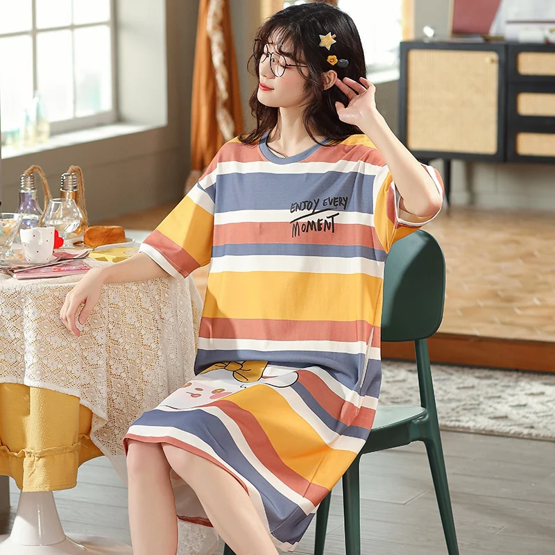 

2021 Summer Short Sleeve Cotton Fashion Rainbow Nightgowns for Women Casual Striped Sleepwear Night Dress Nightdress Home Nighty