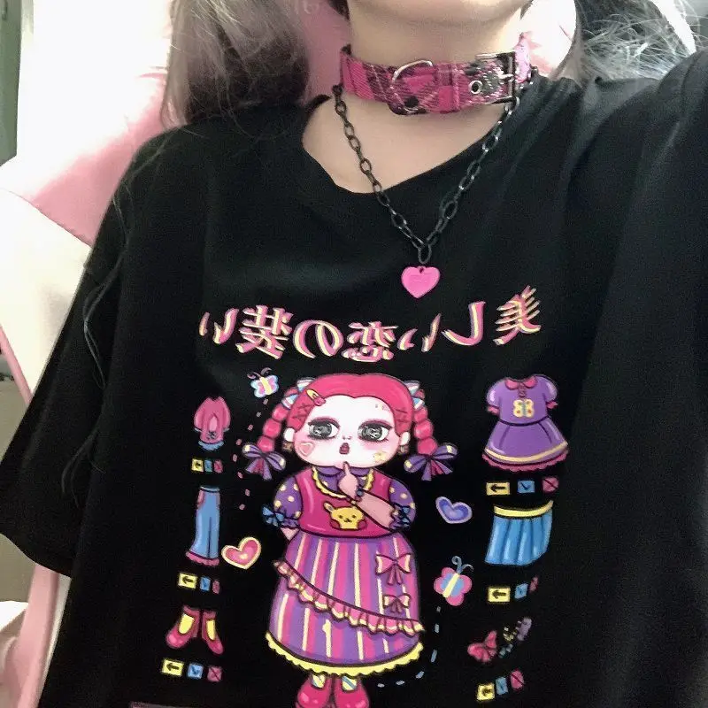 

Kawaii Graphic T Shirts Women 2021 Japanese Style Alt Clothes Aesthetic Summer Cropped Top Female MINGLIUSILI Goth Tee Shirt