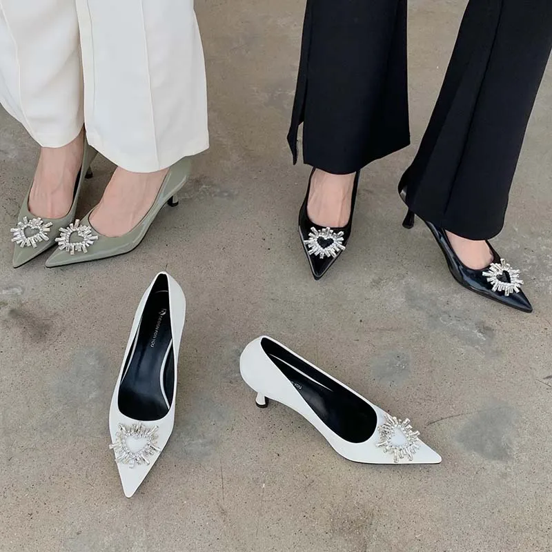 

Pointed Toe Women Pumps Shallow Slip On Mules 2022 New Arrivals Rhinestone Buckle Thin High Heels Dress Office Wedding Pumps