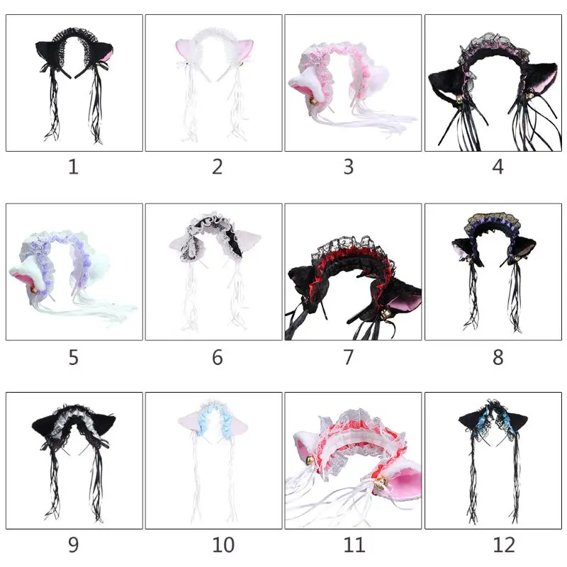 

Women Ruffles Lace Headband Plush Cat Ears Ribbon Bell Lolita Cosplay Hair Hoop LX9E