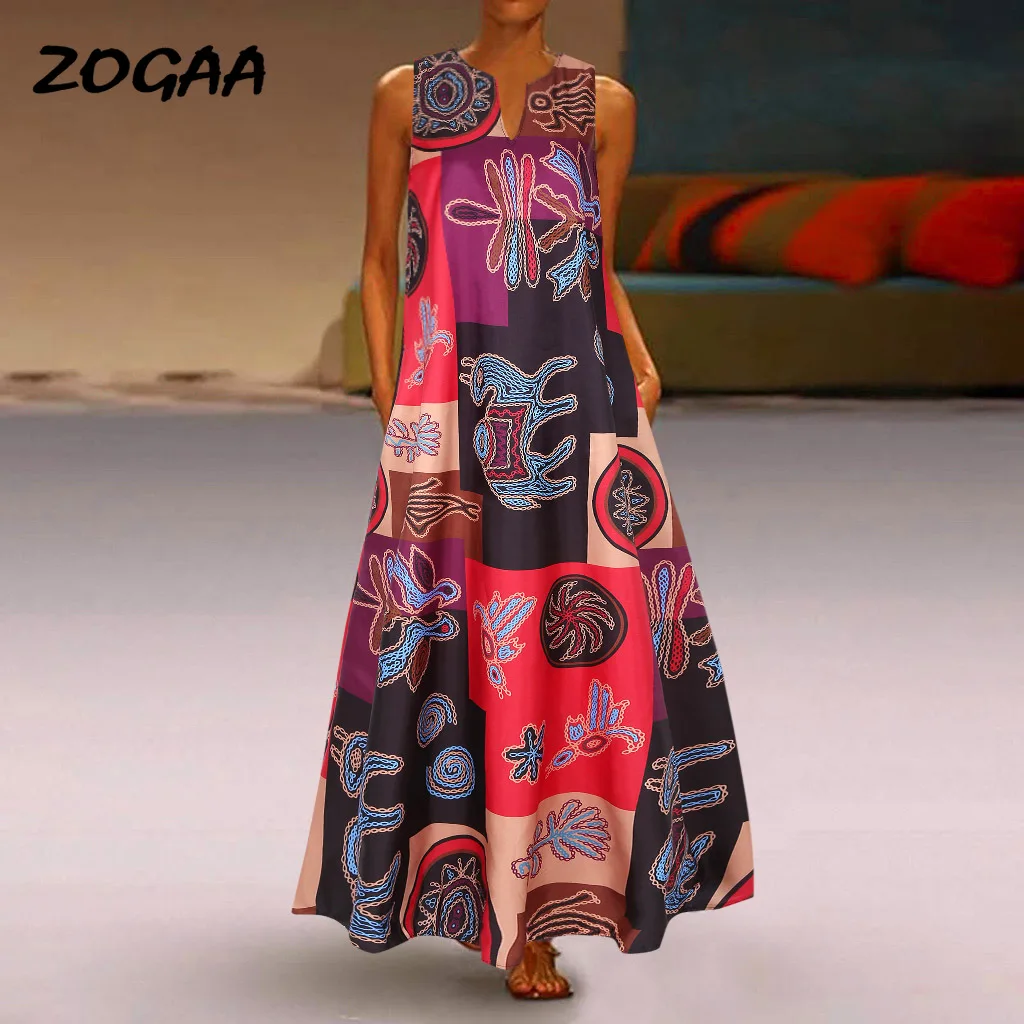 

ZOGAA 2020 Vintage Color Stitching Maxi Dress Women's Summer Sundress Casual Sleeveless Tank Vestidos Female V Neck