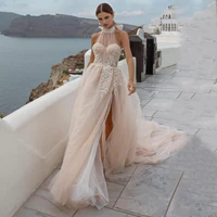 champagne glitter beach wedding dress halter appliques lace bridal gown backless slit side princess bride party gowns 2021