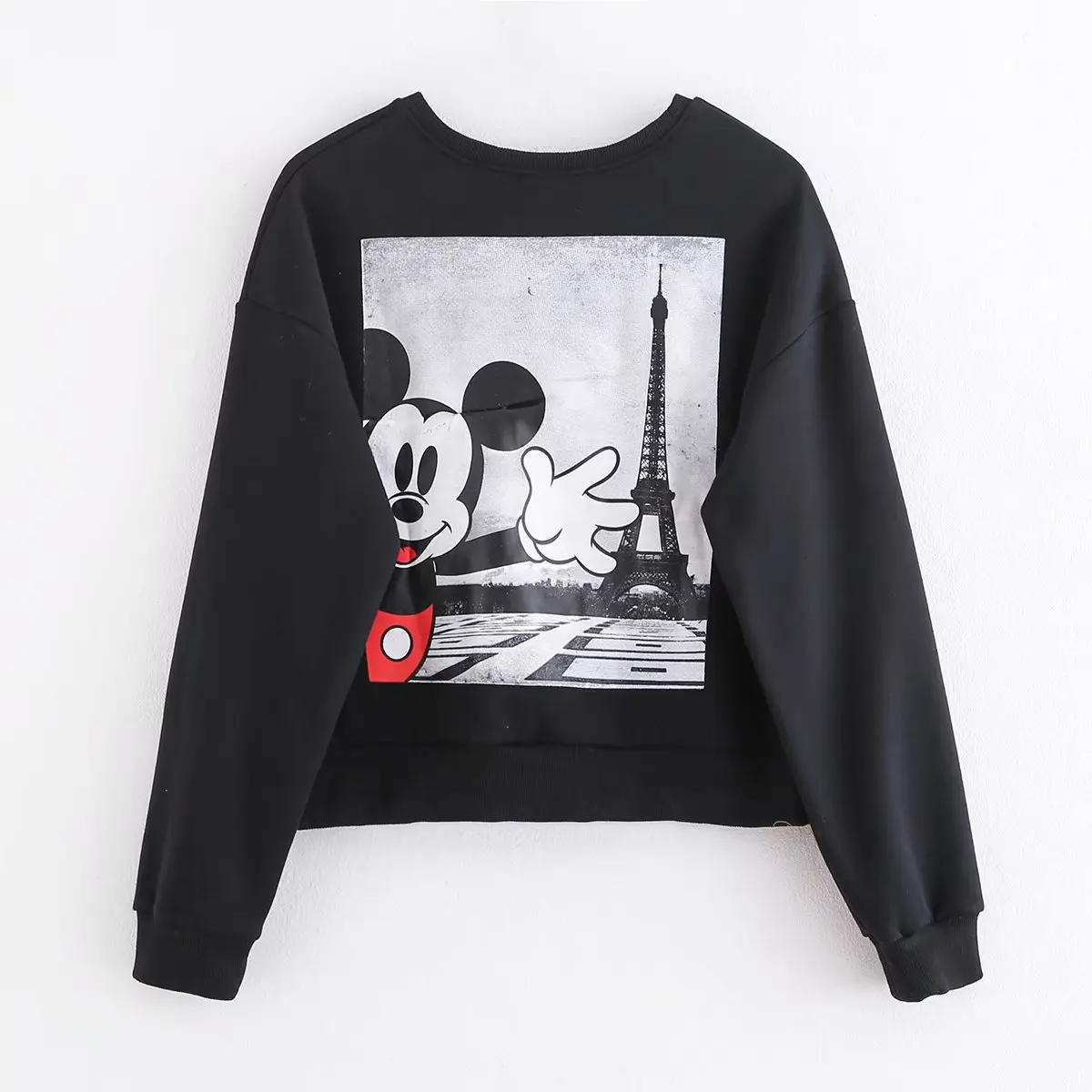 Disney стильный Микки Маус мультфильм Эйфелева башня печати o-образным вырезом пуловер черная футболка модные женские с длинным рукавом Harajuku топы