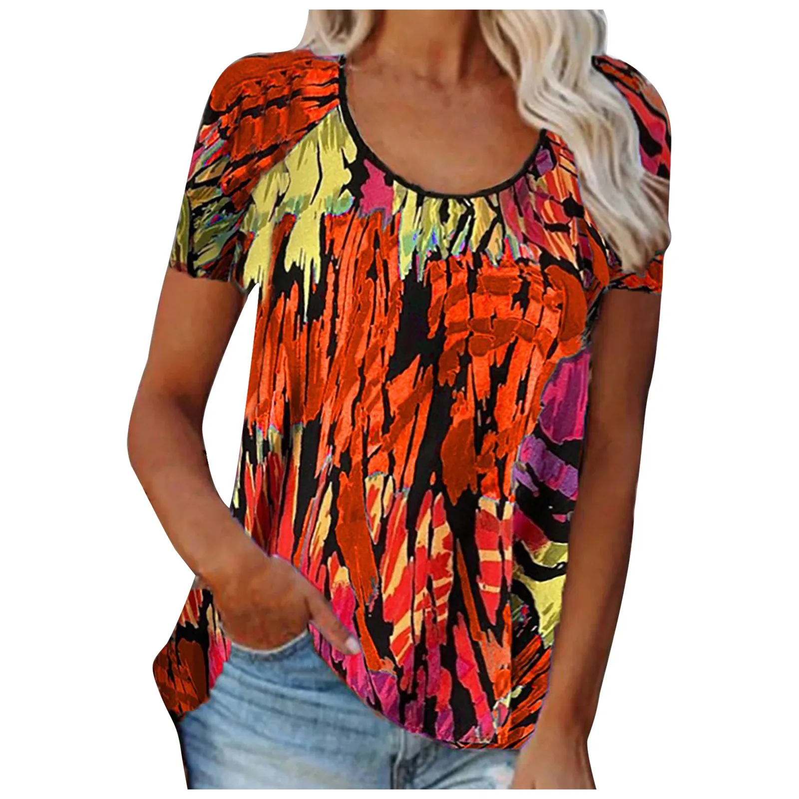 Женская туника с круглым вырезом фиолетовая блузка коротким рукавом и цветочным