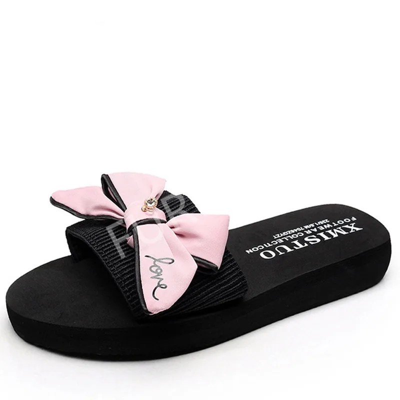 Женские летние пляжные шлепанцы босоножки на танкетке с черным бантом женские