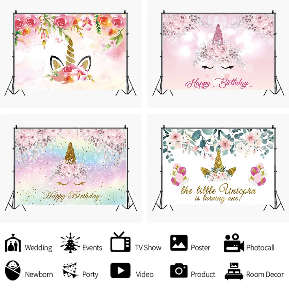 

Kids 1st Birthday Unicorn with Flowers Backdrop Children Party Background Photocall Prop Banner Photo Table Wall Decors