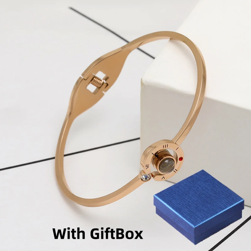 Rose Gold Blue Box Прямая Новое поступление 100 языков I You браслет подарок на день Святого Валентина женские свадебные модные браслеты для девочек - Окраска металла: Rose Gold Blue Box