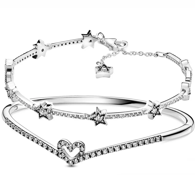 

Sparkling Heart Wishbone Celestial Stars With Crystal 925 Sterling Silver Bracelet Fit Fashion Bangle Bead Charm Diy Jewelry