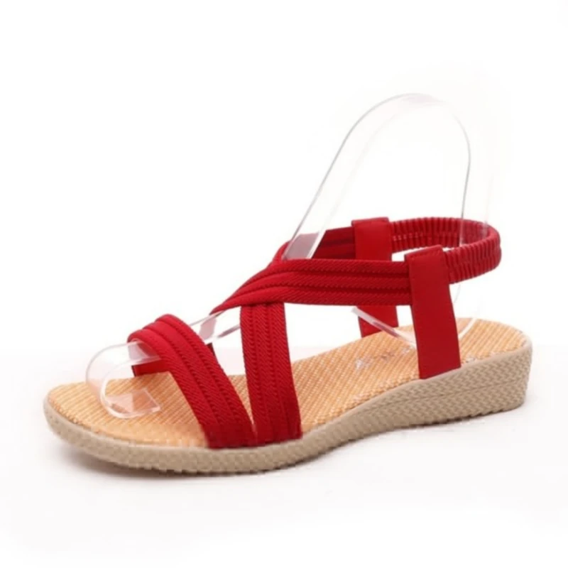 

Women Solid Color Flock Cross Straps Open Toe Flat With Sandals Fashion Elastic Band Sandalen Summer Sandals Sandalias