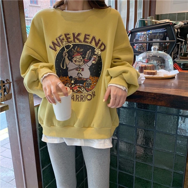 

Women No Hat Hoodies Pullover Fake Two Pieces Plus Velvet Thicker Sweatshirts Printed Streetwear Harajuku Casual Loose 2021 New